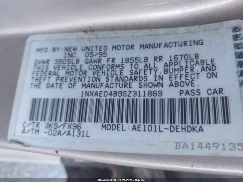 1NXAE04B9SZ311869 1995 TOYOTA COROLLA photo no. 9