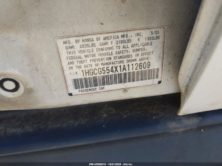 2001 Honda Accord 2.3 Lx VIN: 1HGCG554X1A112609 Lot: 43506215