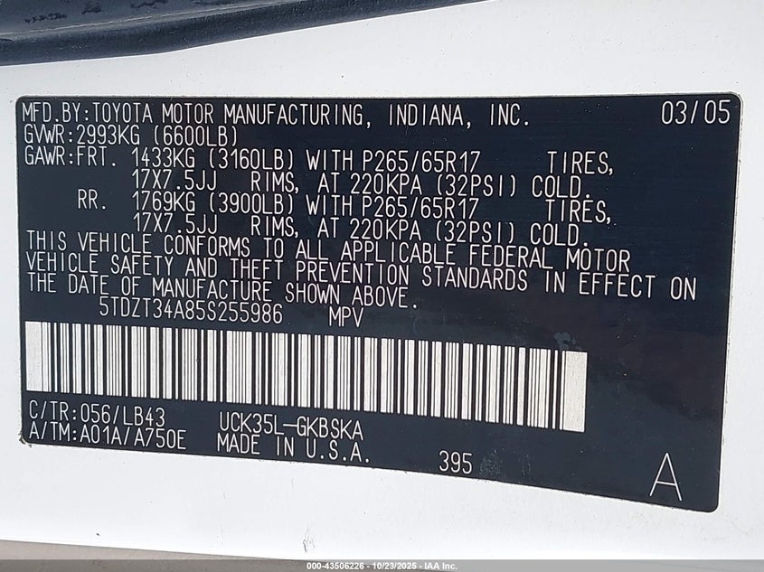 2005 Toyota Sequoia Sr5 V8 VIN: 5TDZT34A85S255986 Lot: 43506226