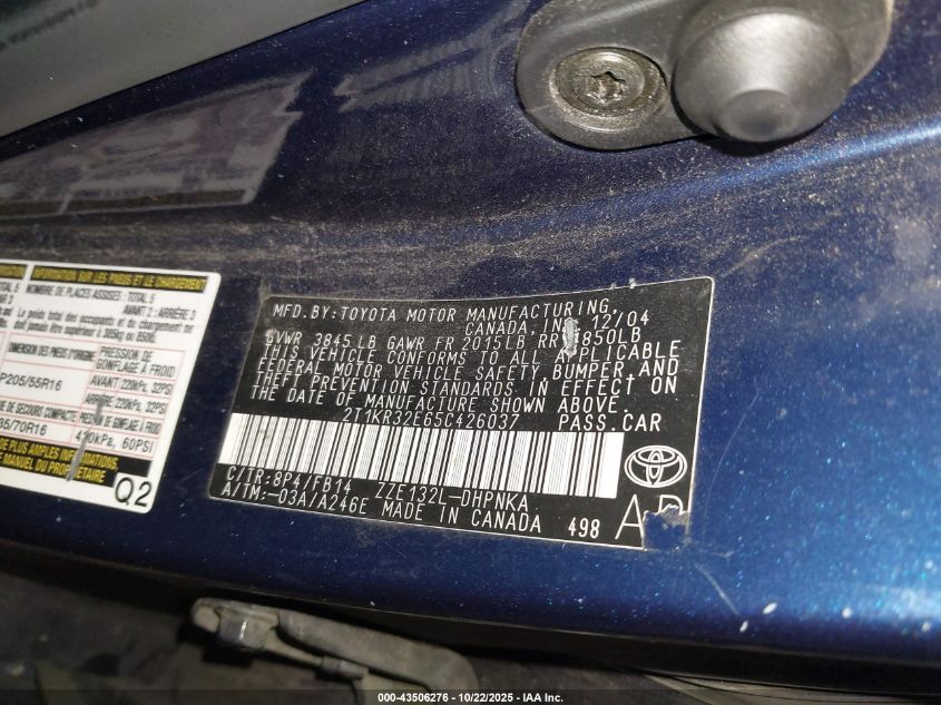 2005 Toyota Matrix Xr VIN: 2T1KR32E65C426037 Lot: 43506276