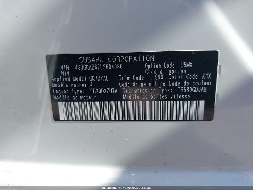 2020 SUBARU IMPREZA SEDAN 4S3GKAB67L3604986