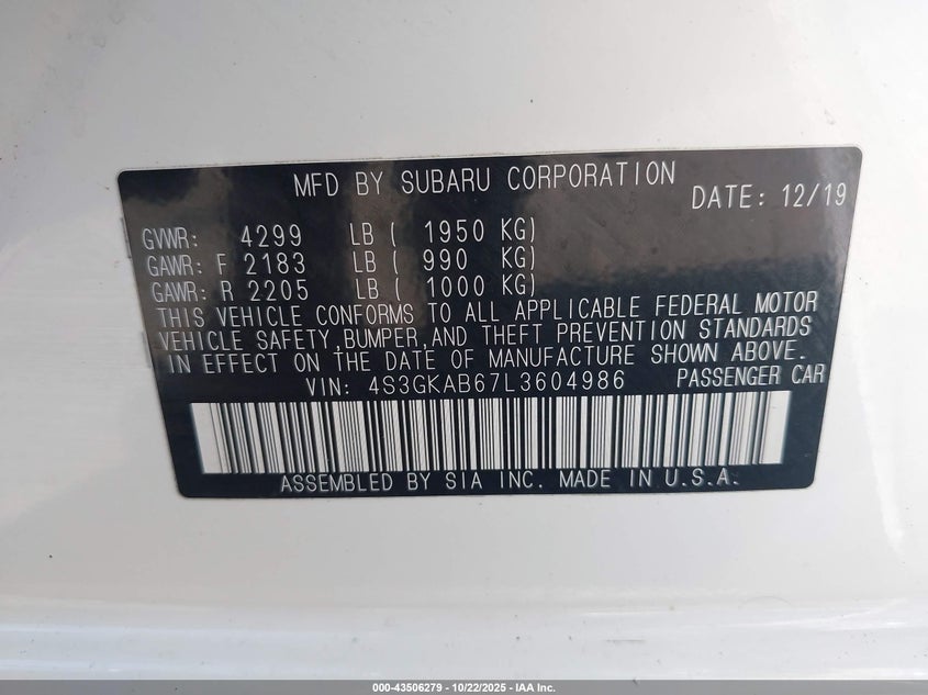 2020 SUBARU IMPREZA SEDAN 4S3GKAB67L3604986