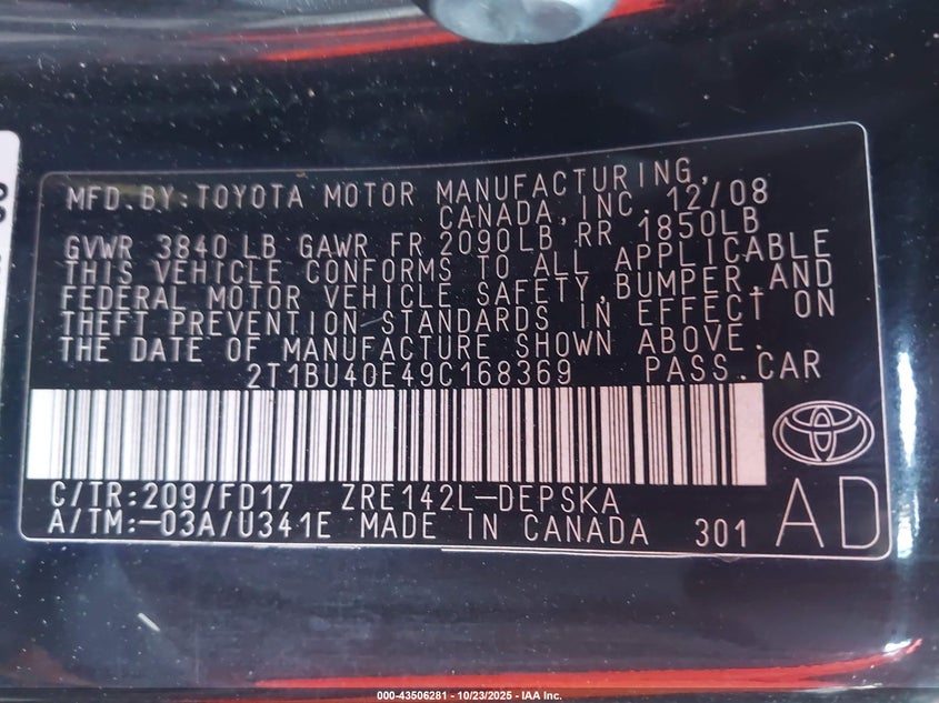 2T1BU40E49C168369 2009 TOYOTA COROLLA photo no. 9