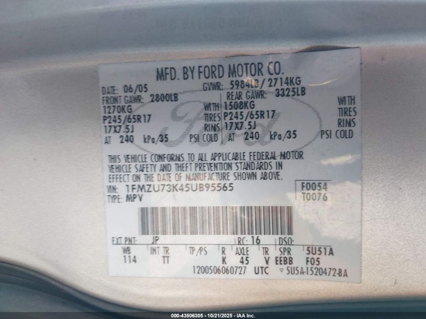 2005 Ford Explorer Xlt/Xlt Sport VIN: 1FMZU73K45UB95565 Lot: 43506305