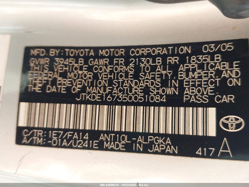 2005 Scion Tc VIN: JTKDE167350051084 Lot: 43506315