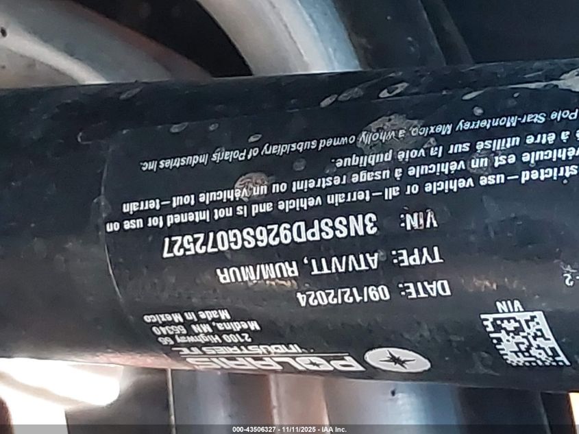 2025 Polaris Rzr VIN: 3NSSPD926SG072527 Lot: 43506327