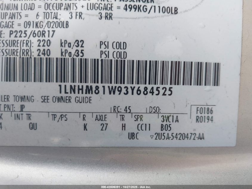 2003 Lincoln Town Car Executive VIN: 1LNHM81W93Y684525 Lot: 43506391