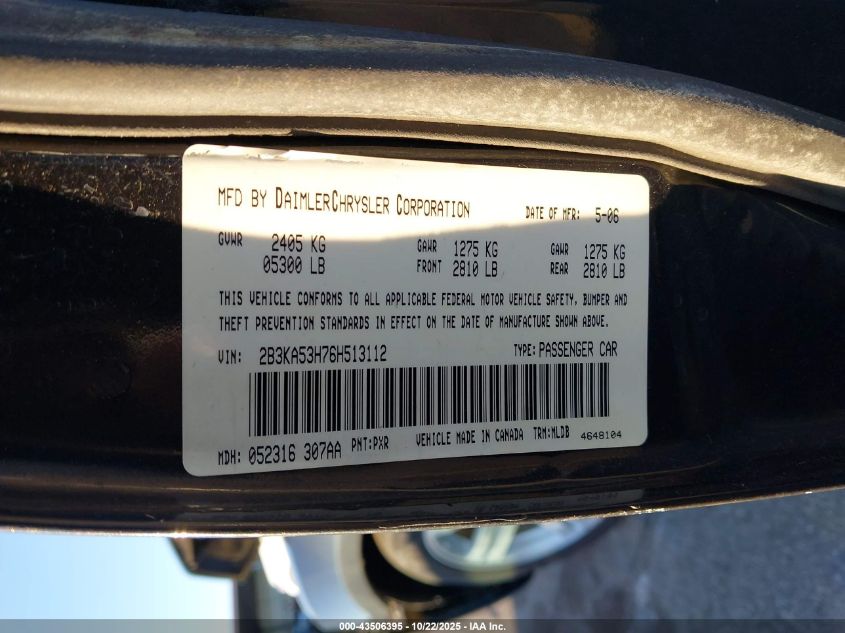 2006 Dodge Charger Rt VIN: 2B3KA53H76H513112 Lot: 43506395