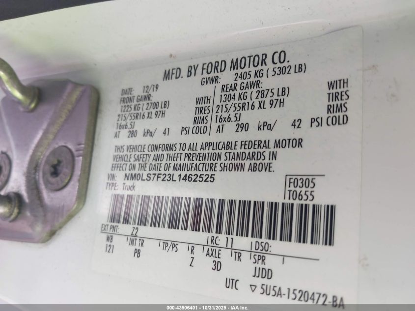 2020 Ford Transit Connect Xlt VIN: NM0LS7F23L1462525 Lot: 43506401