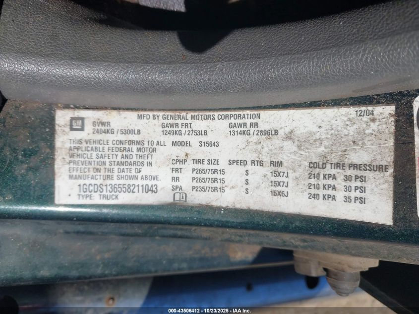 2005 Chevrolet Colorado Ls VIN: 1GCDS136558211043 Lot: 43506412