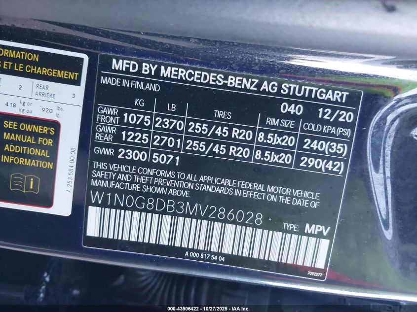 2021 Mercedes-Benz Glc 300 Suv VIN: W1N0G8DB3MV286028 Lot: 43506422