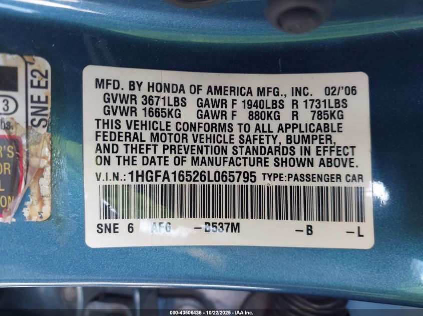 2006 Honda Civic Lx VIN: 1HGFA16526L065795 Lot: 43506436