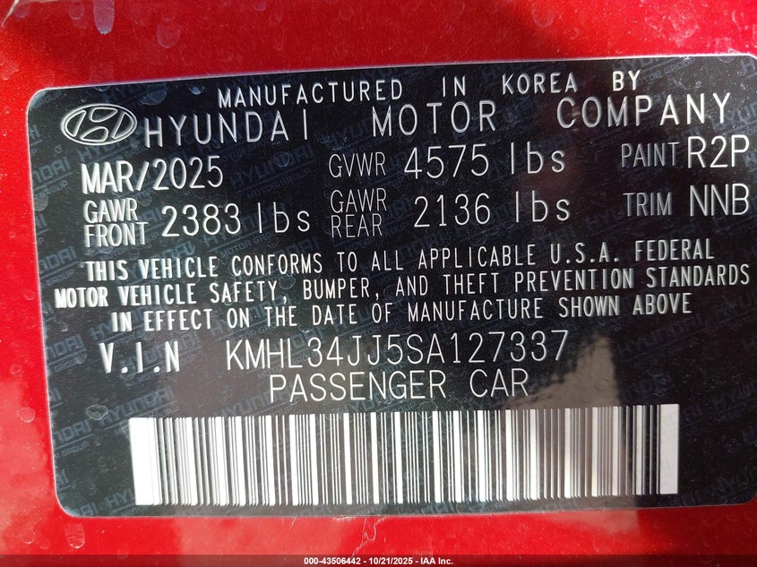 2025 HYUNDAI SONATA HYBRID SEL KMHL34JJ5SA127337