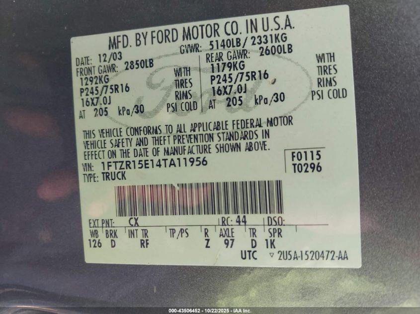 2004 Ford Ranger Xlt VIN: 1FTZR15E14TA11956 Lot: 43506452