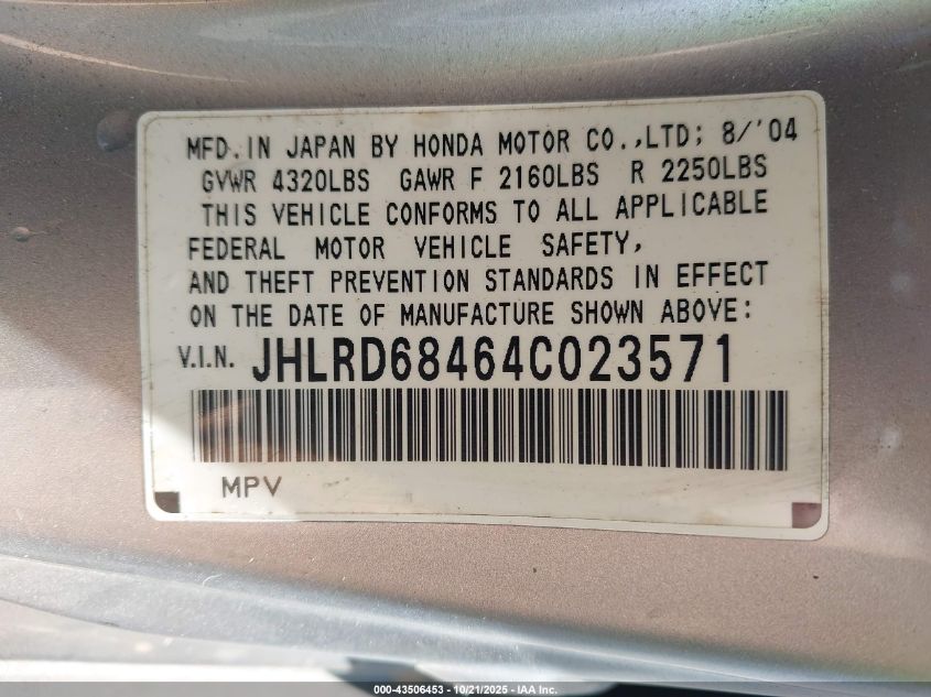 2004 Honda Cr-V Lx VIN: JHLRD68464C023571 Lot: 43506453