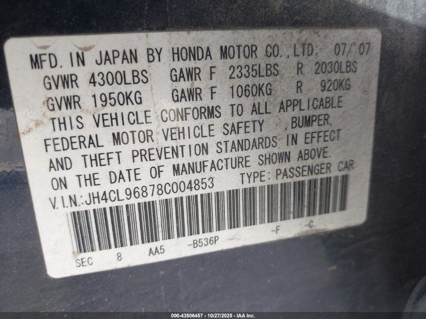 2008 Acura Tsx VIN: JH4CL96878C004853 Lot: 43506457