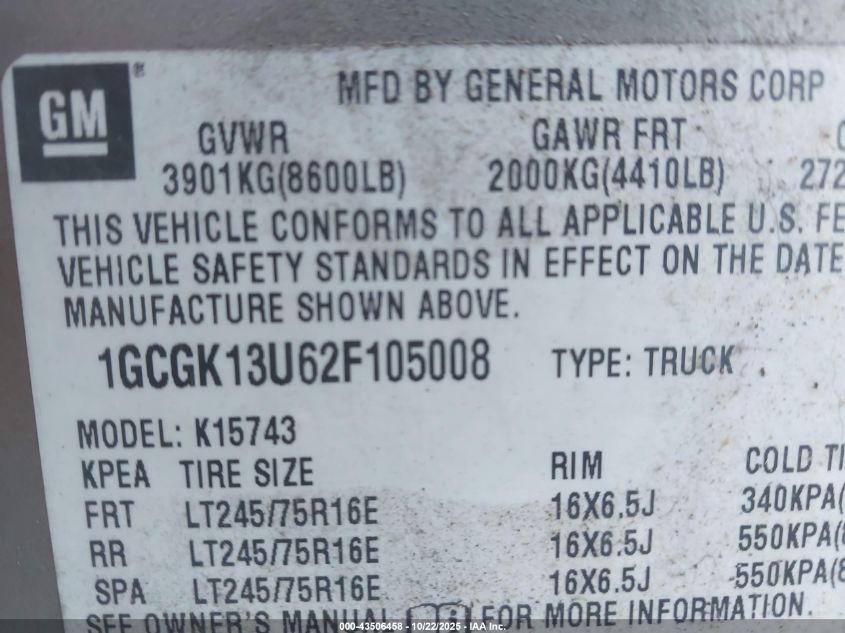 2002 Chevrolet Silverado 1500Hd Lt VIN: 1GCGK13U62F105008 Lot: 43506458