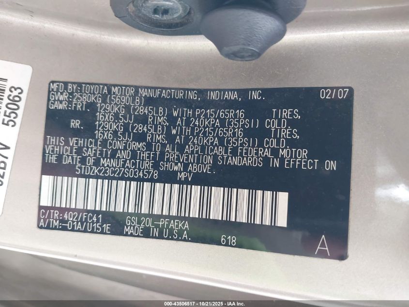 2007 Toyota Sienna Le VIN: 5TDZK23C27S034578 Lot: 43506517