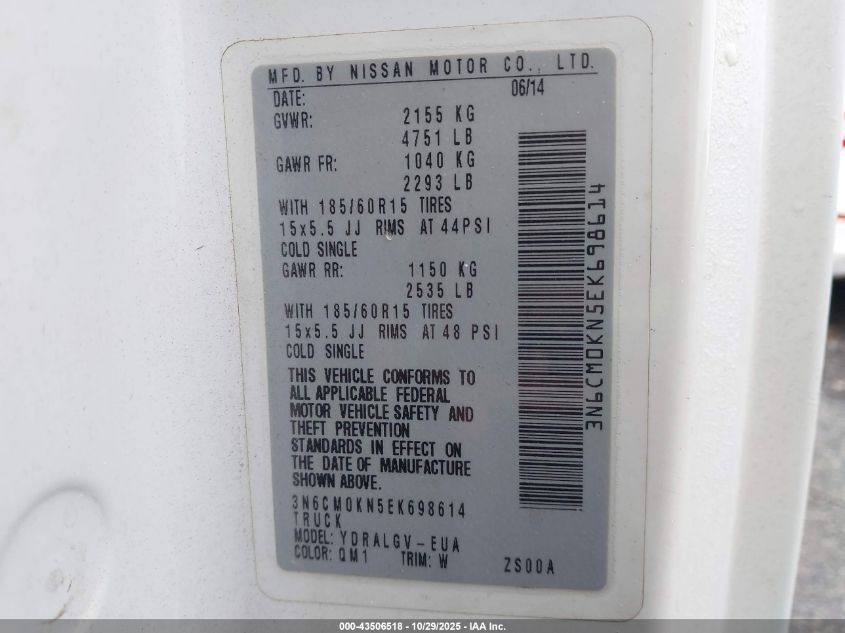 2014 Nissan Nv200 Sv VIN: 3N6CM0KN5EK698614 Lot: 43506518