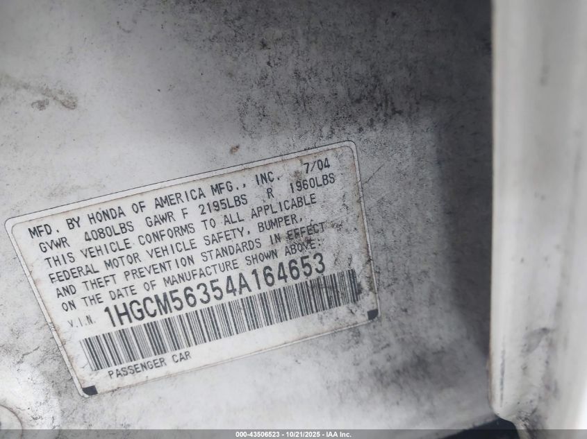 2004 Honda Accord 2.4 Lx VIN: 1HGCM56354A164653 Lot: 43506523