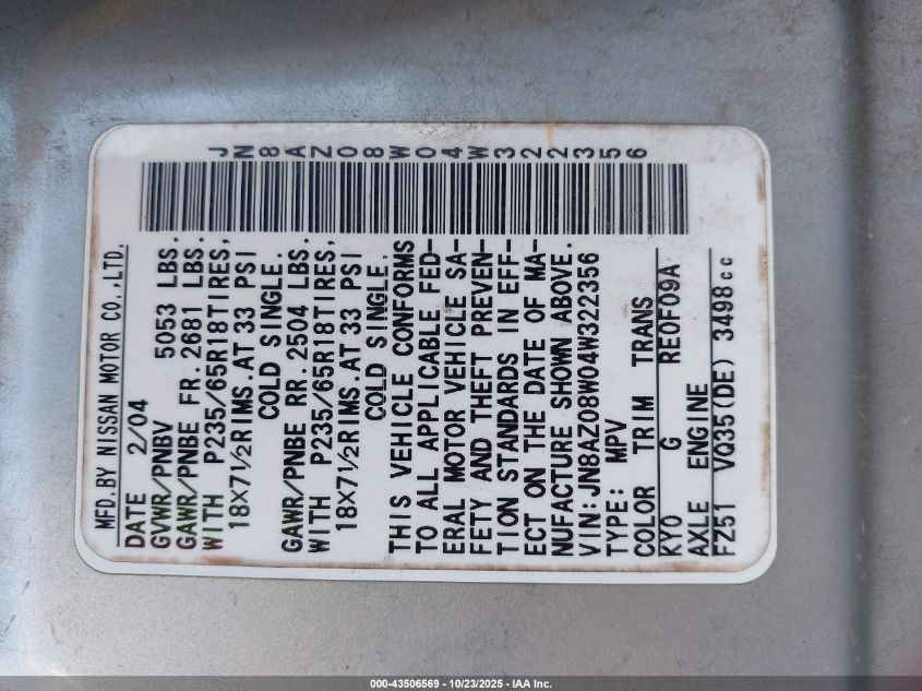 2004 Nissan Murano Sl VIN: JN8AZ08W04W322356 Lot: 43506569