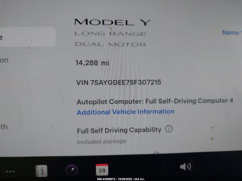 2025 Tesla Model Y Long Range Dual Motor All-Wheel Drive VIN: 7SAYGDEE7SF307215 Lot: 43506572