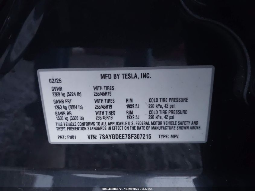 2025 Tesla Model Y Long Range Dual Motor All-Wheel Drive VIN: 7SAYGDEE7SF307215 Lot: 43506572