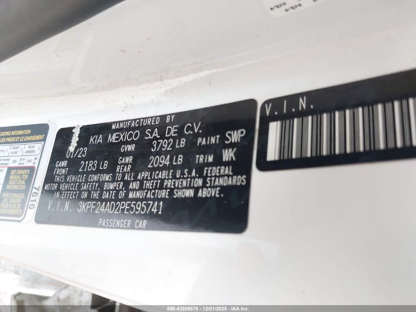 2023 Kia Forte Lxs VIN: 3KPF24AD2PE595741 Lot: 43506576
