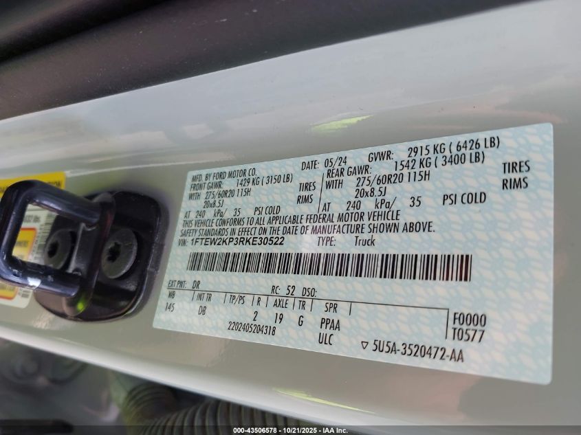 2024 Ford F-150 Stx VIN: 1FTEW2KP3RKE30522 Lot: 43506578