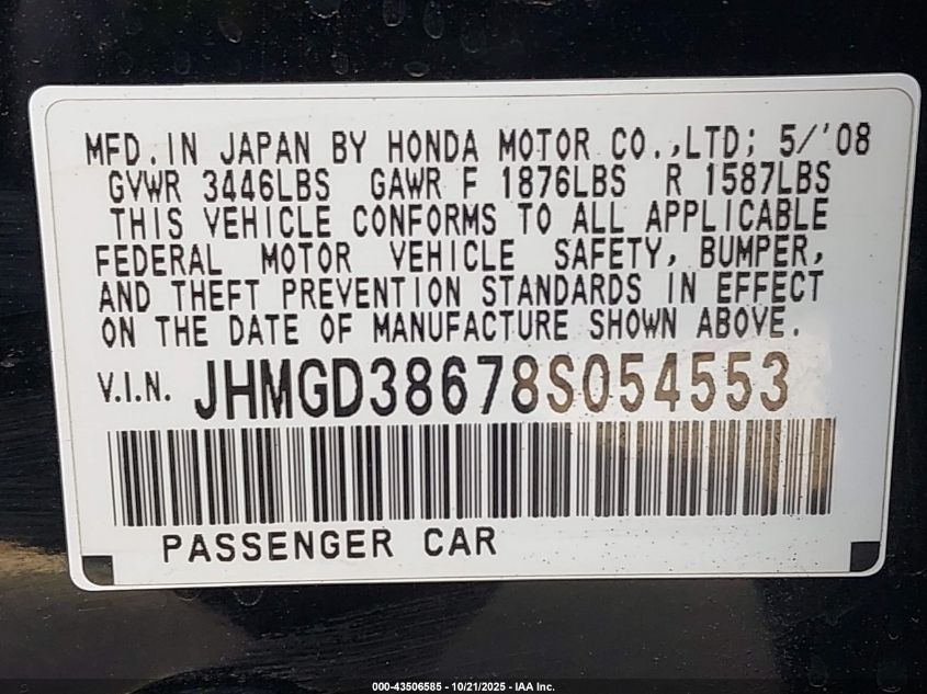 2008 Honda Fit Sport VIN: JHMGD38678S054553 Lot: 43506585