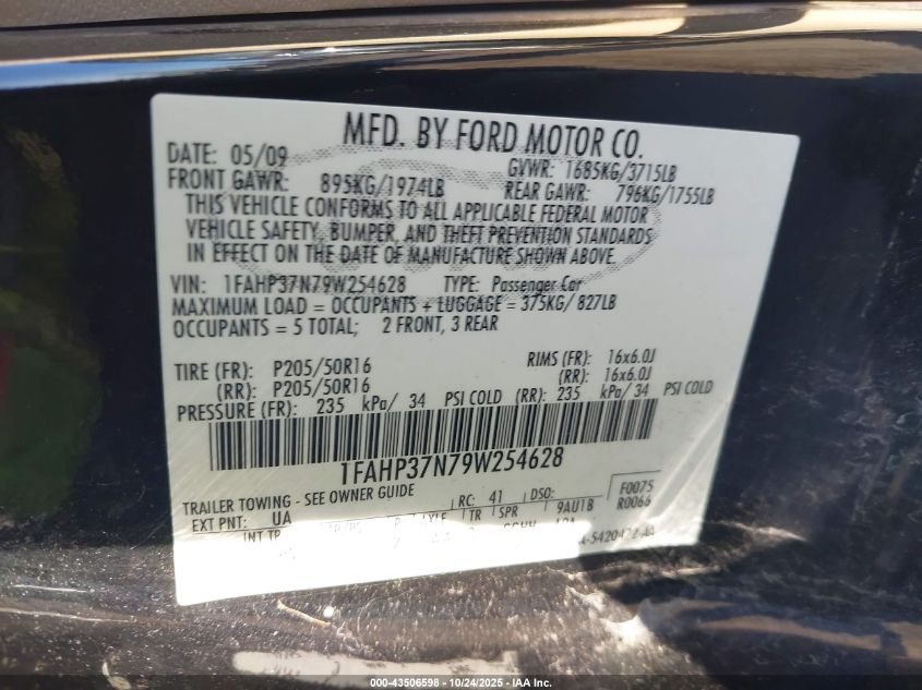 2009 Ford Focus Sel VIN: 1FAHP37N79W254628 Lot: 43506598