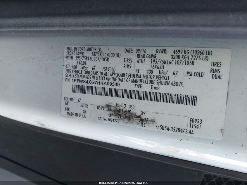 2017 Ford Transit-350 VIN: 1FTWS4XG7HKA09549 Lot: 43506611