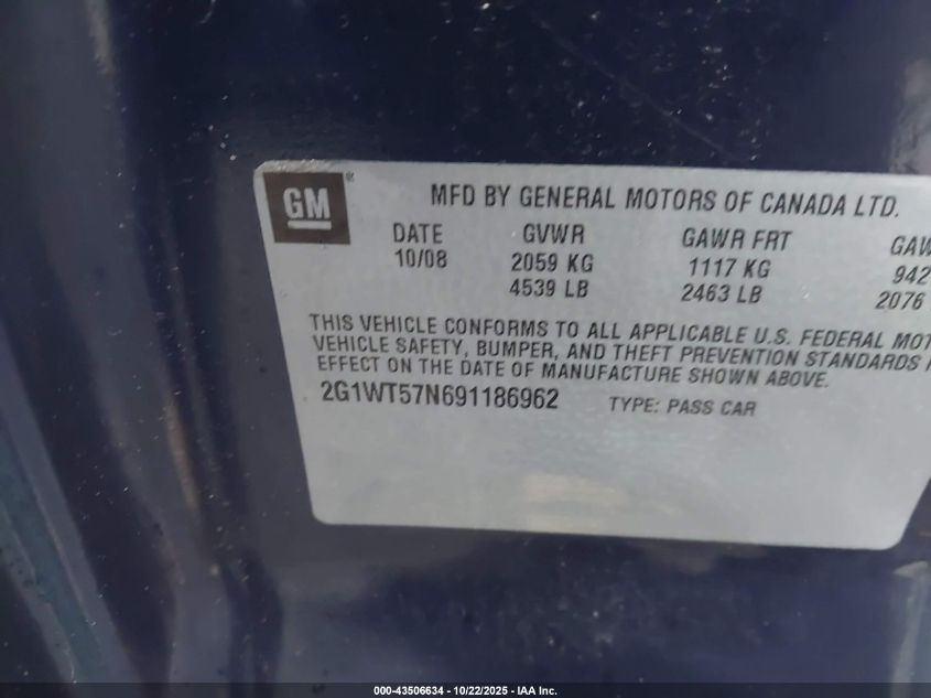 2009 Chevrolet Impala Lt VIN: 2G1WT57N691186962 Lot: 43506634