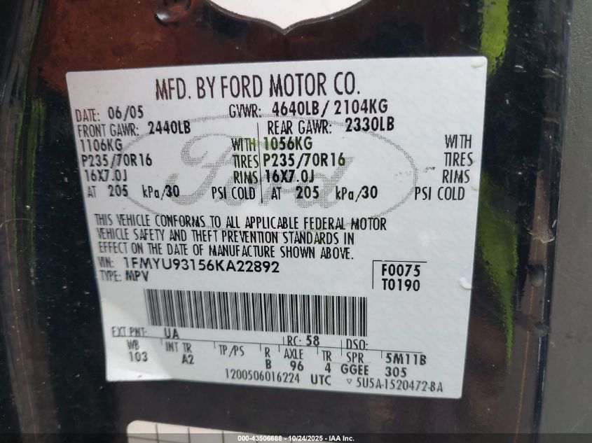 2006 Ford Escape Xlt/Xlt Sport VIN: 1FMYU93156KA22892 Lot: 43506688