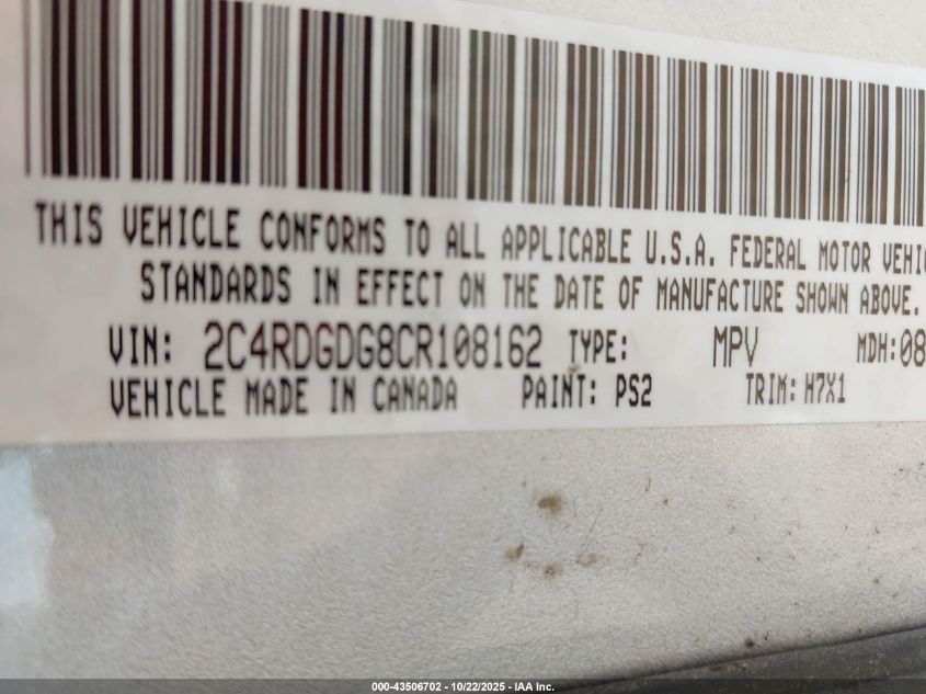 2012 Dodge Grand Caravan Crew VIN: 2C4RDGDG8CR108162 Lot: 43506702