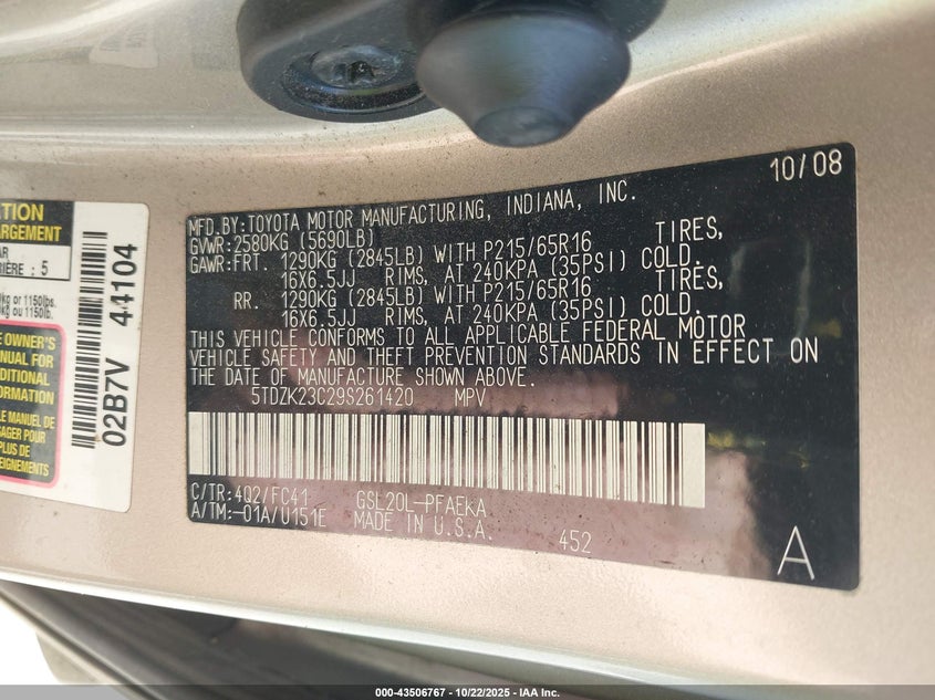5TDZK23C29S261420 2009 TOYOTA SIENNA photo no. 9
