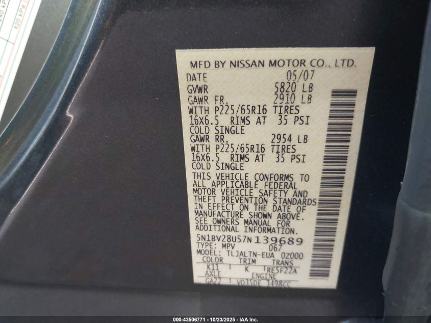 2007 Nissan Quest 3.5 Sl VIN: 5N1BV28U57N139689 Lot: 43506771