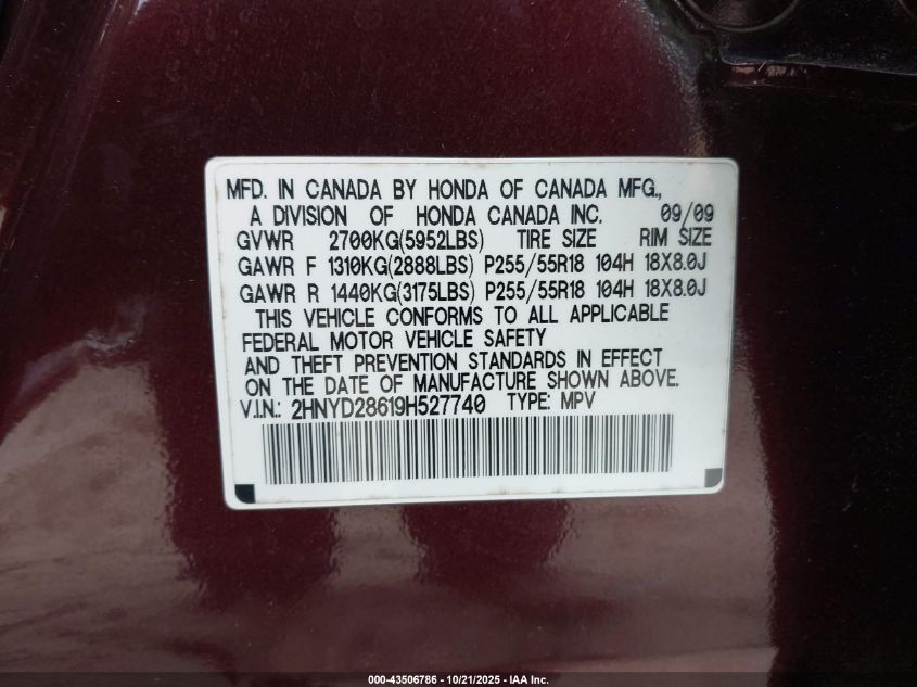 2009 Acura Mdx Technology Package VIN: 2HNYD28619H527740 Lot: 43506786