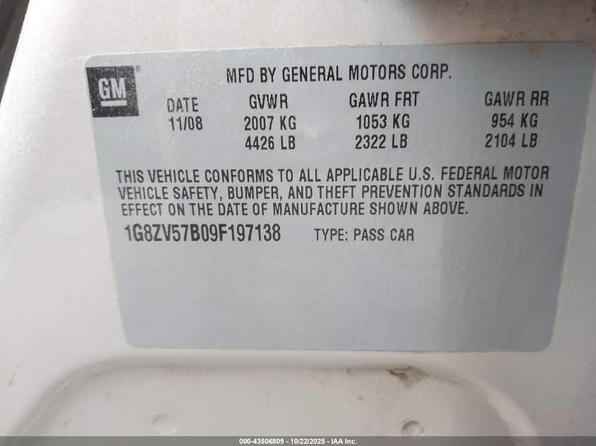 2009 Saturn Aura Xr VIN: 1G8ZV57B09F197138 Lot: 43506809