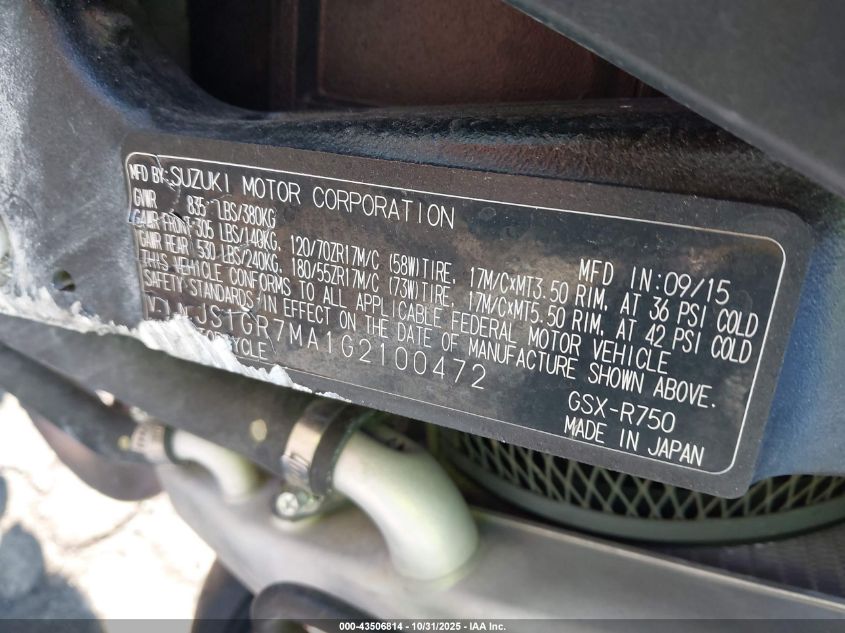 2016 Suzuki Gsx-R750 VIN: JS1GR7MA1G2100472 Lot: 43506814
