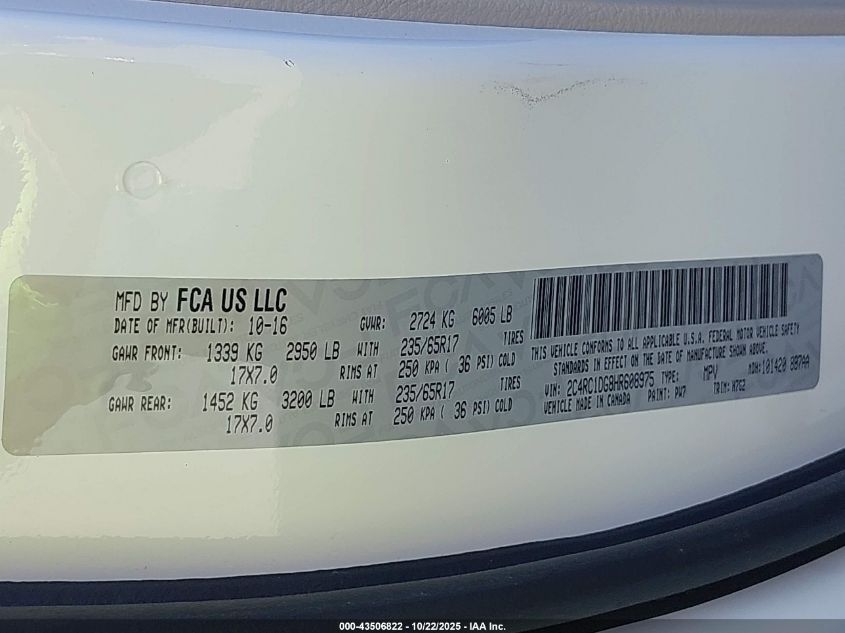 2017 Chrysler Pacifica Touring VIN: 2C4RC1DG8HR608975 Lot: 43506822