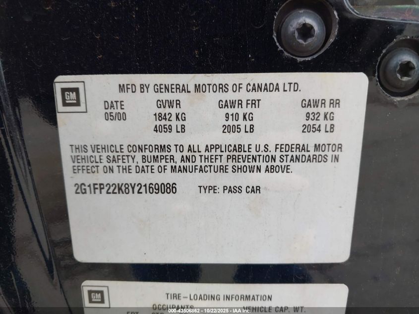 1997 Chevrolet Camaro Ss/Z28 VIN: 2G1FP22P0V2128698 Lot: 43506862