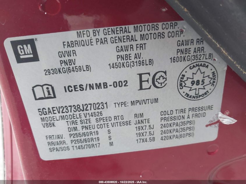 2008 Buick Enclave Cxl VIN: 5GAEV23738J270231 Lot: 43506920