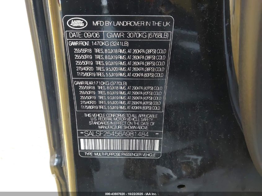 2006 Land Rover Range Rover Sport Hse VIN: SALSF25456A981484 Lot: 43507020