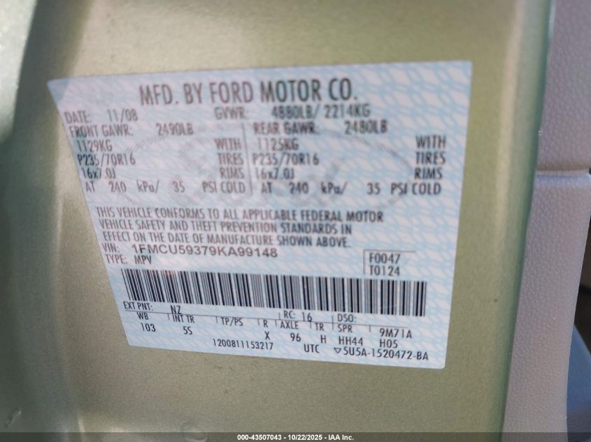 2009 Ford Escape Hybrid Limited VIN: 1FMCU59379KA99148 Lot: 43507043