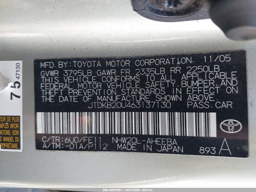2006 Toyota Prius VIN: JTDKB20U463137130 Lot: 43507061