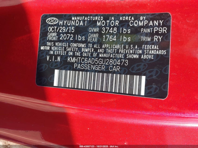 2016 HYUNDAI VELOSTER KMHTC6AD5GU280473