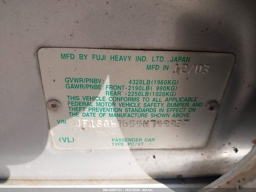 2004 Subaru Forester 2.5Xt VIN: JF1SG69654H749937 Lot: 43507131