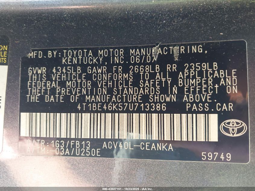 2007 Toyota Camry Le VIN: 4T1BE46K57U713386 Lot: 43507151