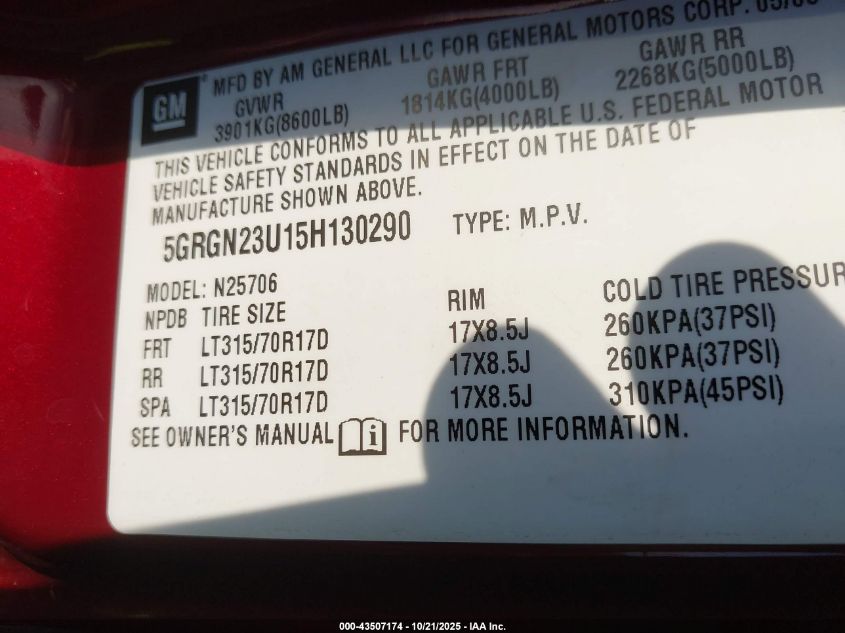 2005 Hummer H2 Suv VIN: 5GRGN23U15H130290 Lot: 43507174